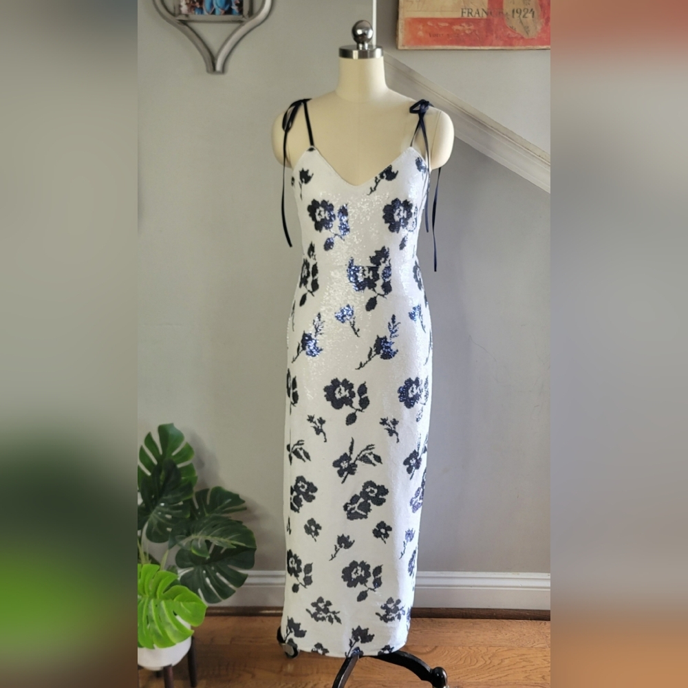 Self-Portrait Sleeveless Floral Sequin Midi Dress Navy White Size 2